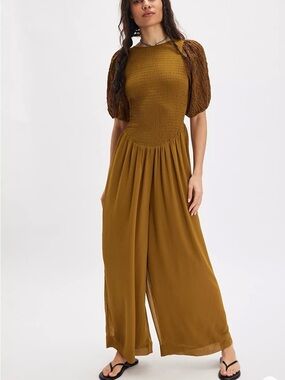 Free People Temperley Olive Smocked Puff-Sleeve Wide-Leg Jumpsuit